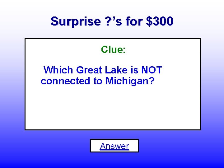 Surprise ? ’s for $300 Clue: Which Great Lake is NOT connected to Michigan?