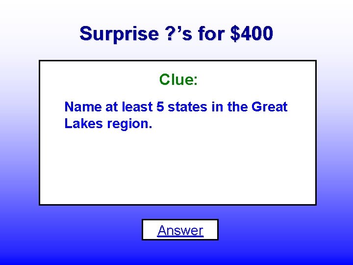 Surprise ? ’s for $400 Clue: Name at least 5 states in the Great