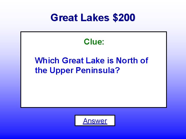 Great Lakes $200 Clue: Which Great Lake is North of the Upper Peninsula? Answer