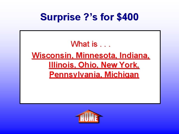 Surprise ? ’s for $400 What is. . . Wisconsin, Minnesota, Indiana, Illinois, Ohio,