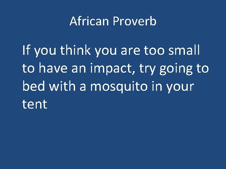 African Proverb If you think you are too small to have an impact, try