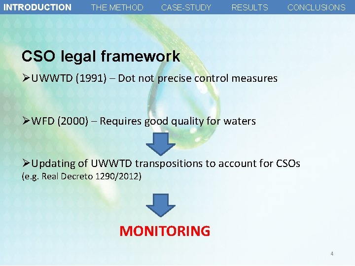 INTRODUCTION THE METHOD CASE-STUDY RESULTS CONCLUSIONS CSO legal framework ØUWWTD (1991) – Dot not