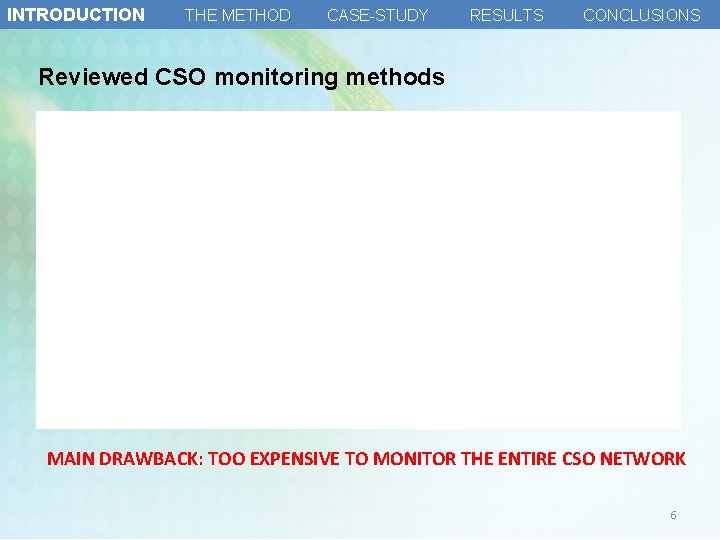 INTRODUCTION THE METHOD CASE-STUDY RESULTS CONCLUSIONS Reviewed CSO monitoring methods MAIN DRAWBACK: TOO EXPENSIVE