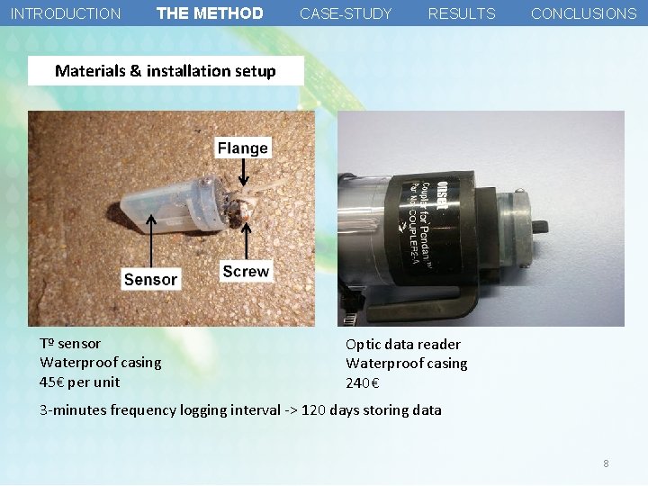 INTRODUCTION THE METHOD CASE-STUDY RESULTS CONCLUSIONS Materials & installation setup Tº sensor Waterproof casing