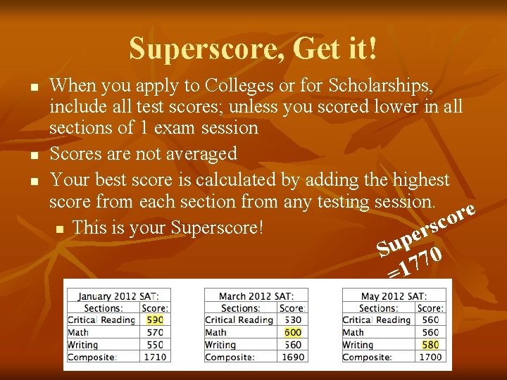 Superscore, Get it! n n n When you apply to Colleges or for Scholarships,