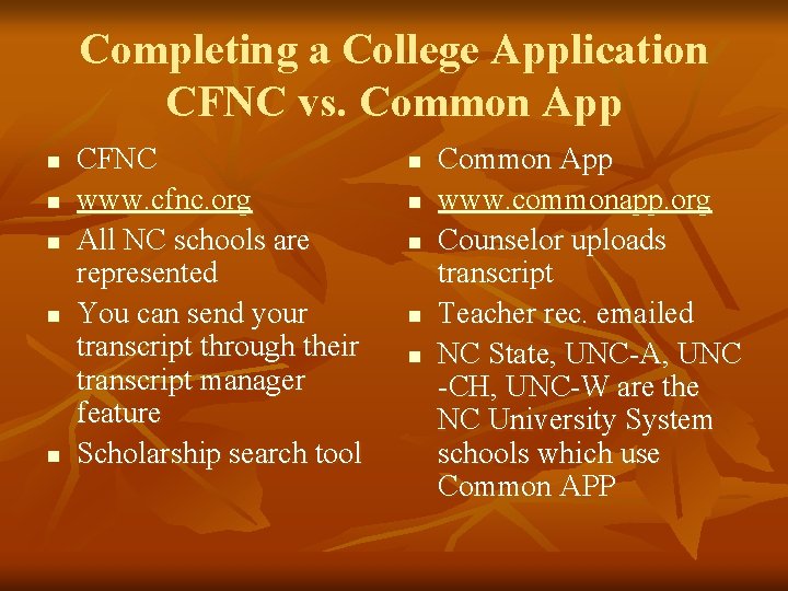 Completing a College Application CFNC vs. Common App n n n CFNC www. cfnc.