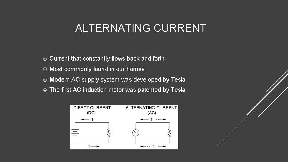 ALTERNATING CURRENT Current that constantly flows back and forth Most commonly found in our