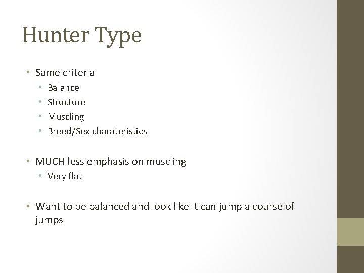 Hunter Type • Same criteria • • Balance Structure Muscling Breed/Sex charateristics • MUCH