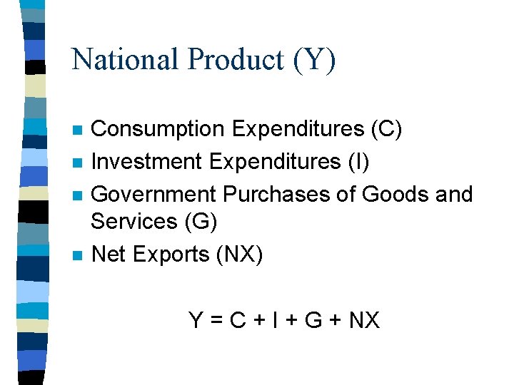 National Product (Y) n n Consumption Expenditures (C) Investment Expenditures (I) Government Purchases of