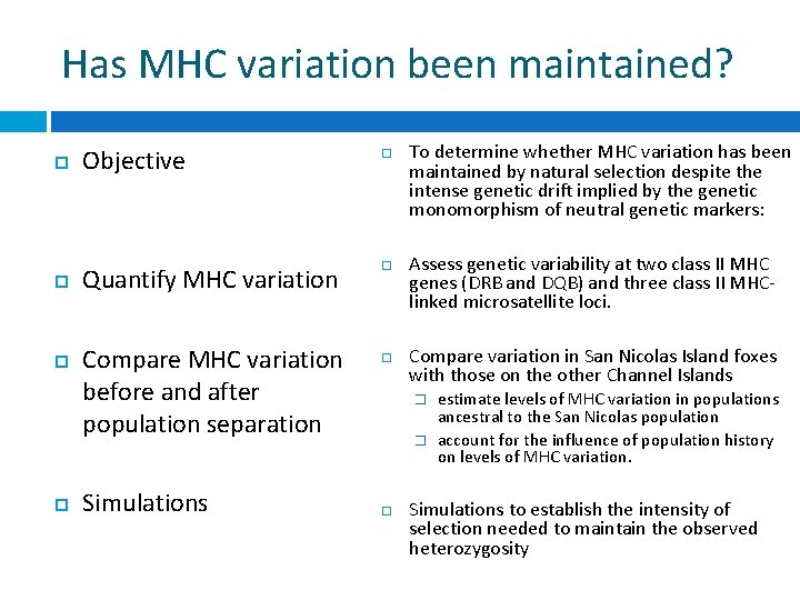 Has MHC variation been maintained? Objective Quantify MHC variation Compare MHC variation before and