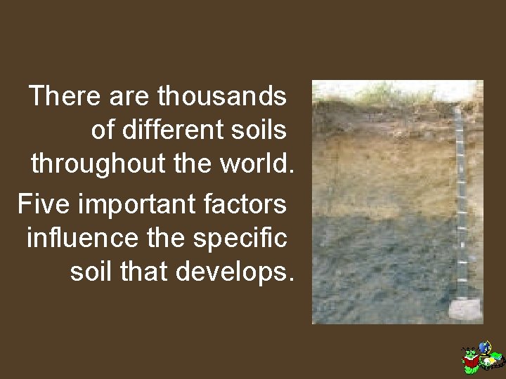 There are thousands of different soils throughout the world. Five important factors influence the