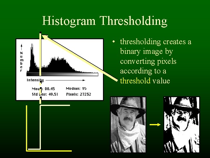 Histogram Thresholding • thresholding creates a binary image by converting pixels according to a Histogram Thresholding • thresholding creates a binary image by converting pixels according to a