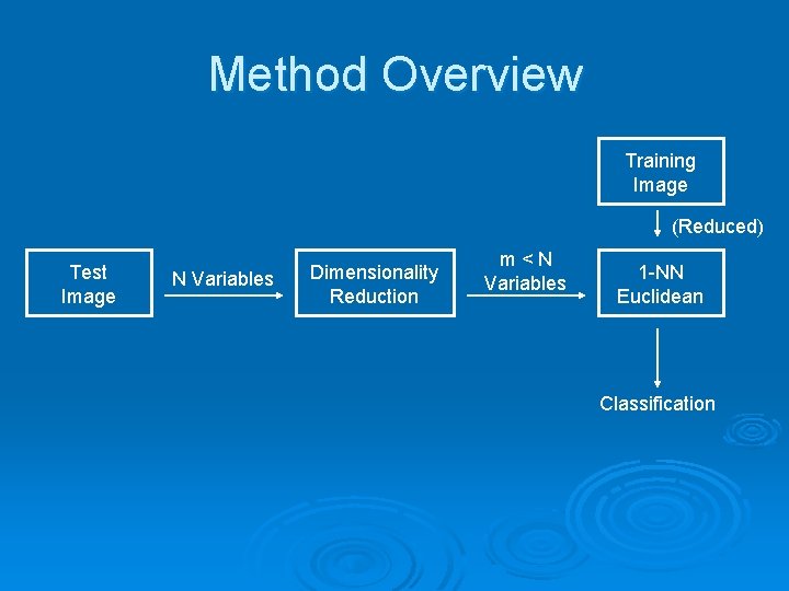 Method Overview Training Image (Reduced) Test Image N Variables Dimensionality Reduction m<N Variables 1