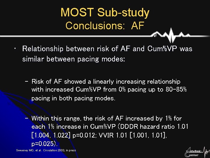 MOST Sub-study Conclusions: AF • Relationship between risk of AF and Cum%VP was similar