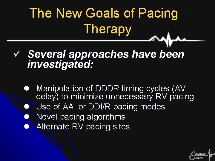 The New Goals of Pacing Therapy ü Several approaches have been investigated: l Manipulation