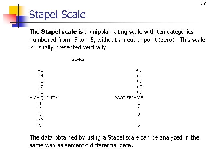 9 -8 Stapel Scale The Stapel scale is a unipolar rating scale with ten