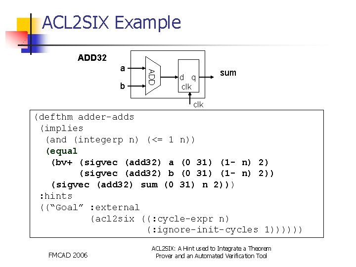 ACL 2 SIX Example ADD 32 b ADD a d q clk sum clk