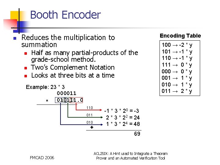 Booth Encoder n Reduces the multiplication to summation n Encoding Table Half as many