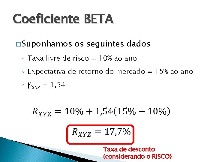 Coeficiente BETA � Suponhamos os seguintes dados ◦ Taxa livre de risco = 10%