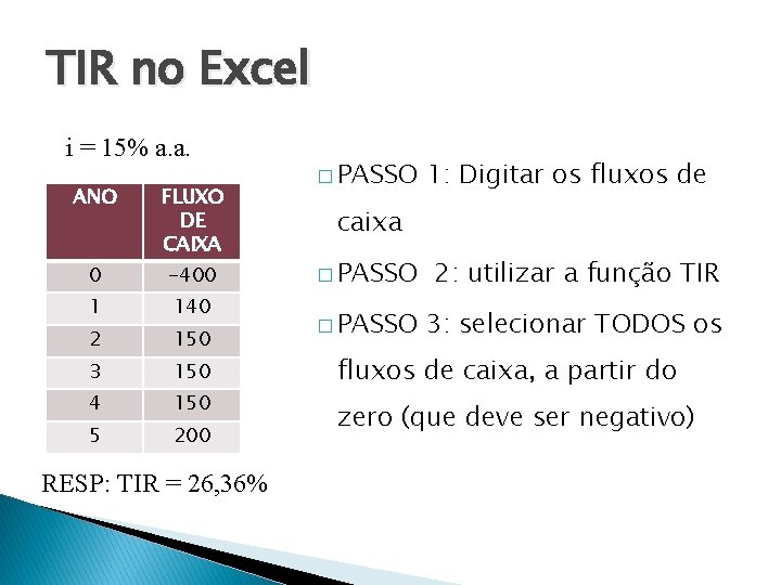 TIR no Excel i = 15% a. a. ANO FLUXO DE CAIXA 0 -400