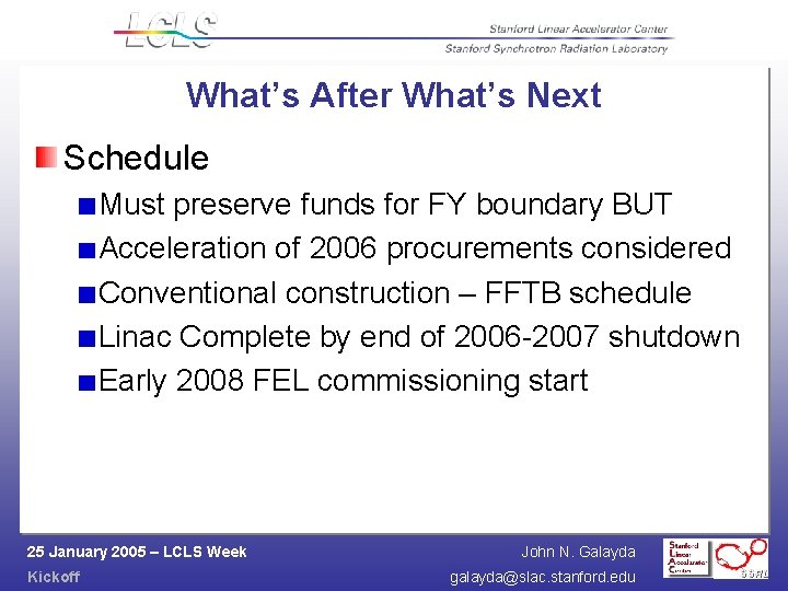 What’s After What’s Next Schedule Must preserve funds for FY boundary BUT Acceleration of