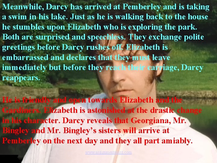 Meanwhile, Darcy has arrived at Pemberley and is taking a swim in his lake.