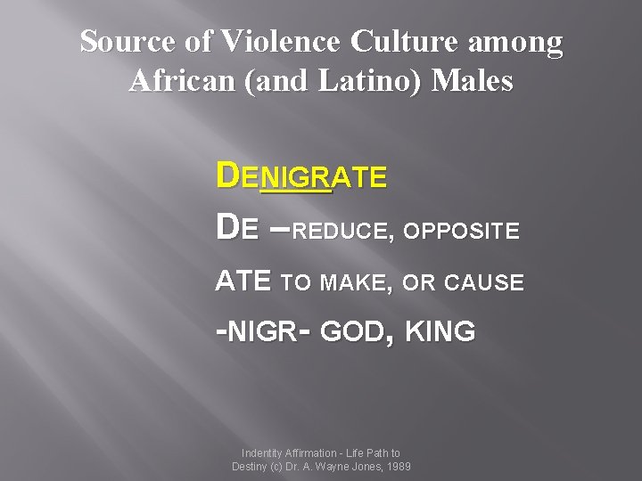 Source of Violence Culture among African (and Latino) Males DENIGRATE DE – REDUCE, OPPOSITE