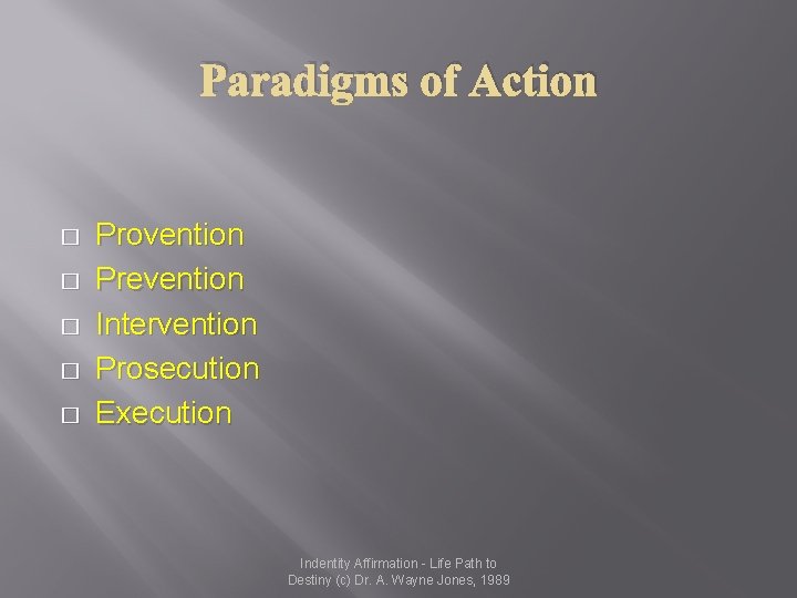 Paradigms of Action � � � Provention Prevention Intervention Prosecution Execution Indentity Affirmation -