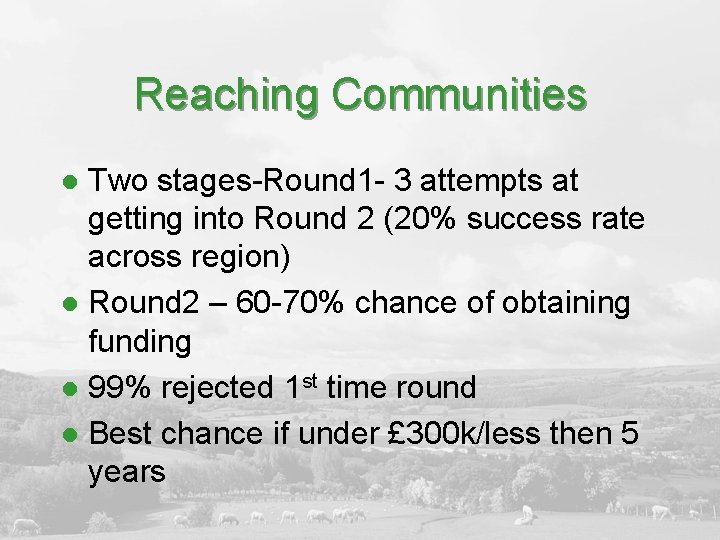 Reaching Communities Two stages-Round 1 - 3 attempts at getting into Round 2 (20%