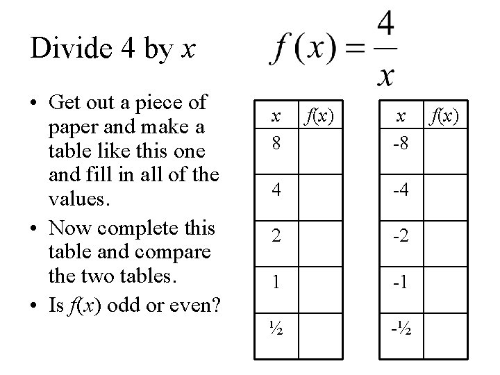 Divide 4 by x • Get out a piece of paper and make a