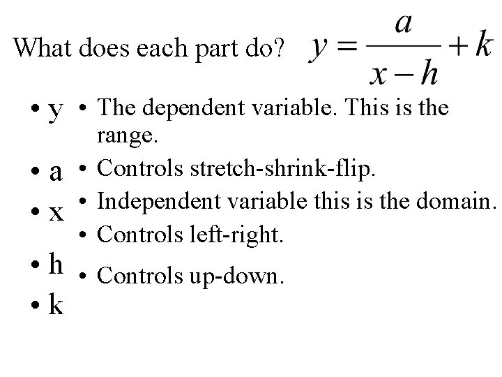 What does each part do? • y • The dependent variable. This is the