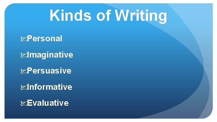 Kinds of Writing Personal Imaginative Persuasive Informative Evaluative 