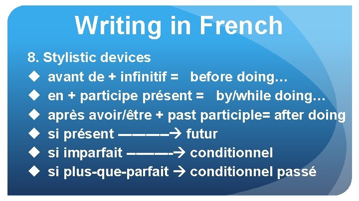 Writing in French 8. Stylistic devices u avant de + infinitif = before doing…