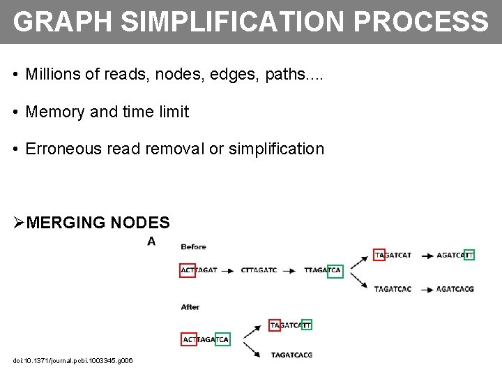 GRAPH SIMPLIFICATION PROCESS • Millions of reads, nodes, edges, paths. . • Memory and