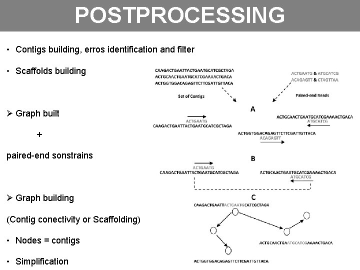 POSTPROCESSING • Contigs building, erros identification and filter • Scaffolds building Ø Graph built