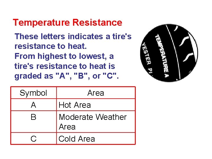 Temperature Resistance These letters indicates a tire's resistance to heat. From highest to lowest,