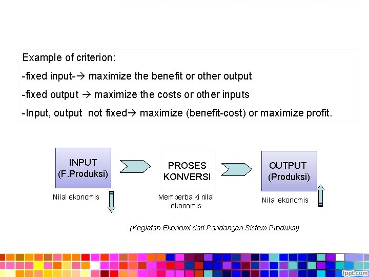 Example of criterion: -fixed input- maximize the benefit or other output -fixed output maximize