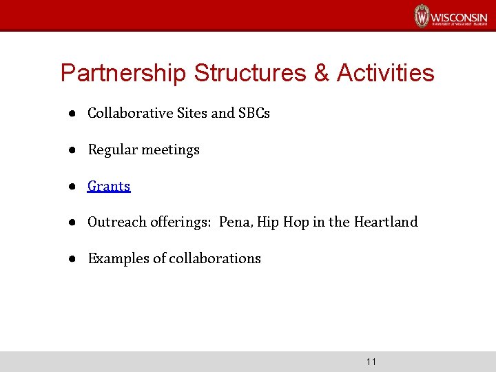 Partnership Structures & Activities ● Collaborative Sites and SBCs ● Regular meetings ● Grants