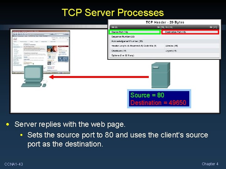 TCP Server Processes Source = 80 Destination = 49650 • Server replies with the TCP Server Processes Source = 80 Destination = 49650 • Server replies with the