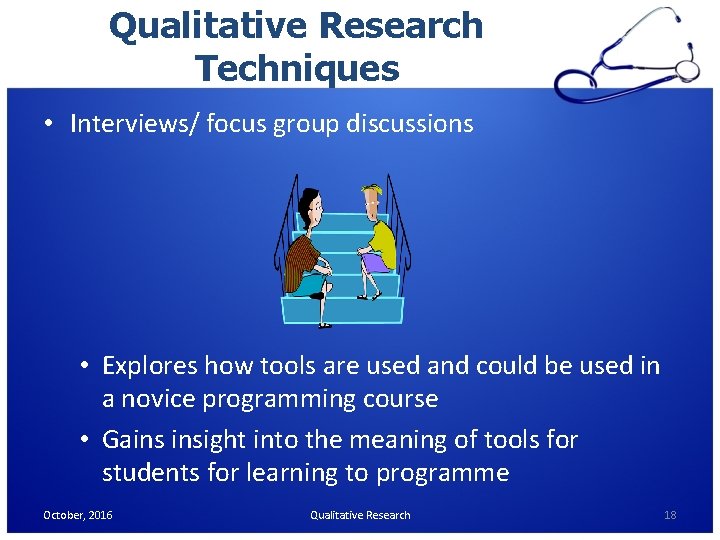 Qualitative Research Techniques • Interviews/ focus group discussions • Explores how tools are used Qualitative Research Techniques • Interviews/ focus group discussions • Explores how tools are used