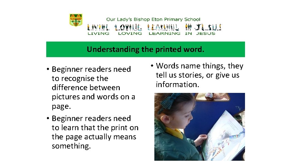 Understanding the printed word. • Beginner readers need to recognise the difference between pictures