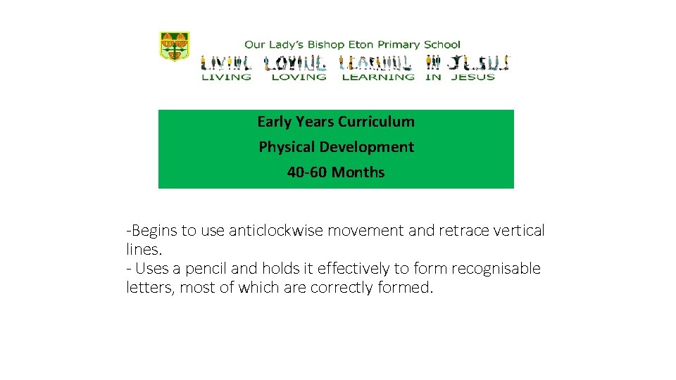 Early Years Curriculum Physical Development 40 -60 Months -Begins to use anticlockwise movement and