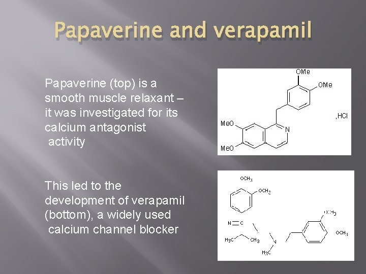 Papaverine and verapamil Papaverine (top) is a smooth muscle relaxant – it was investigated
