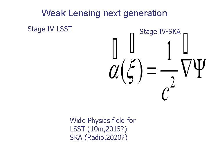 Weak Lensing next generation Stage IV-LSST Wide Physics field for LSST (10 m, 2015? Weak Lensing next generation Stage IV-LSST Wide Physics field for LSST (10 m, 2015?