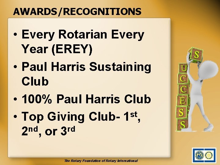 AWARDS/RECOGNITIONS • Every Rotarian Every Year (EREY) • Paul Harris Sustaining Club • 100%