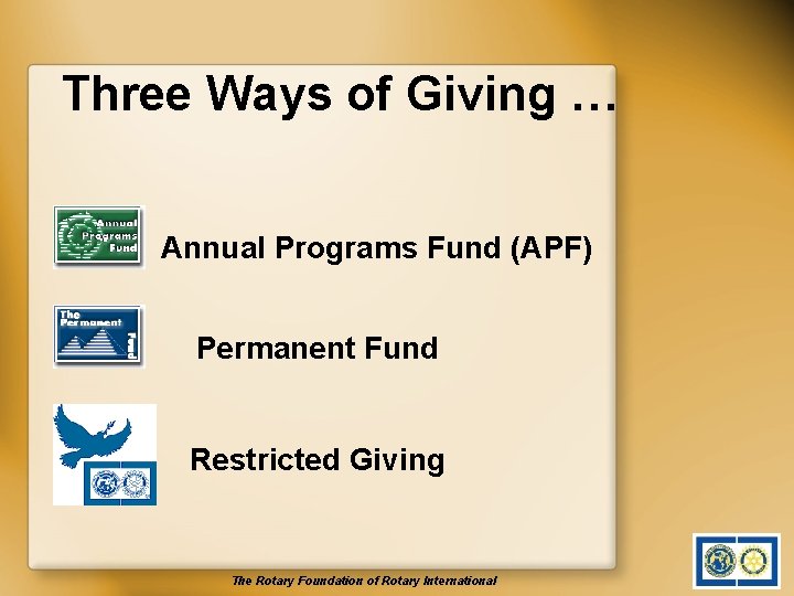 Three Ways of Giving … Annual Programs Fund (APF) Permanent Fund Restricted Giving The