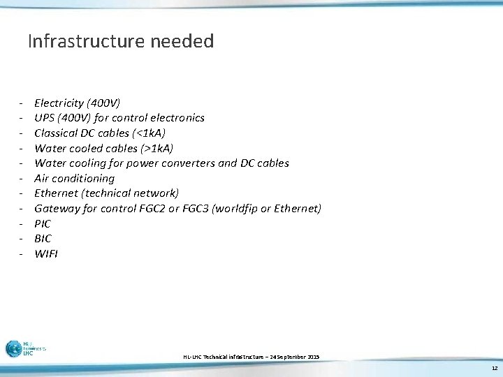 Infrastructure needed - Electricity (400 V) UPS (400 V) for control electronics Classical DC