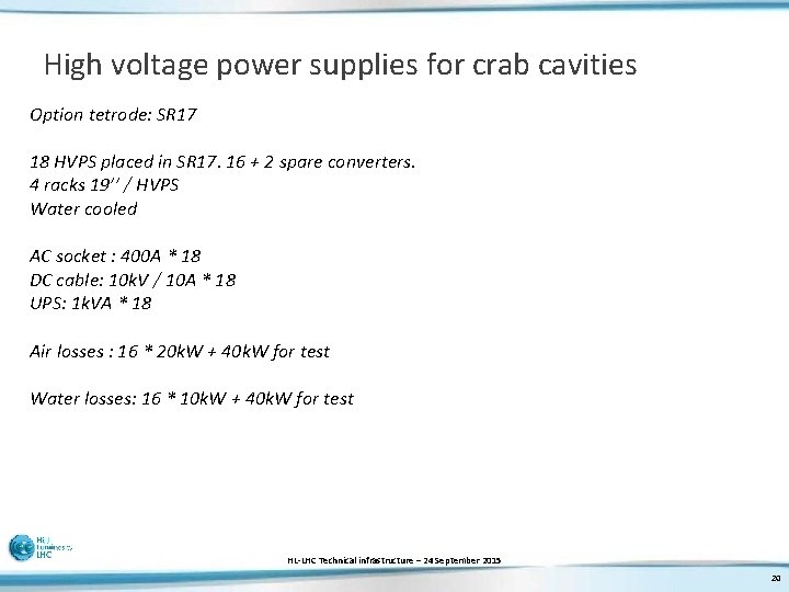 High voltage power supplies for crab cavities Option tetrode: SR 17 18 HVPS placed