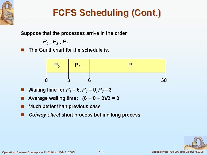 FCFS Scheduling (Cont. ) Suppose that the processes arrive in the order P 2