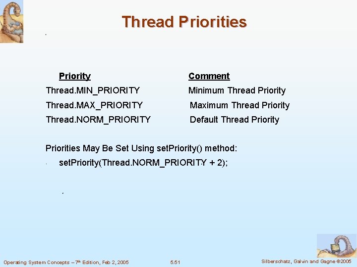 Thread Priorities Priority Comment Thread. MIN_PRIORITY Minimum Thread Priority Thread. MAX_PRIORITY Maximum Thread Priority